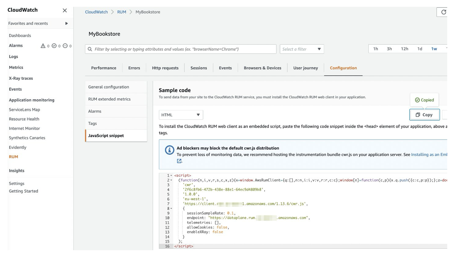 Screenshot of Javascript snippet section under RUM configuration section.